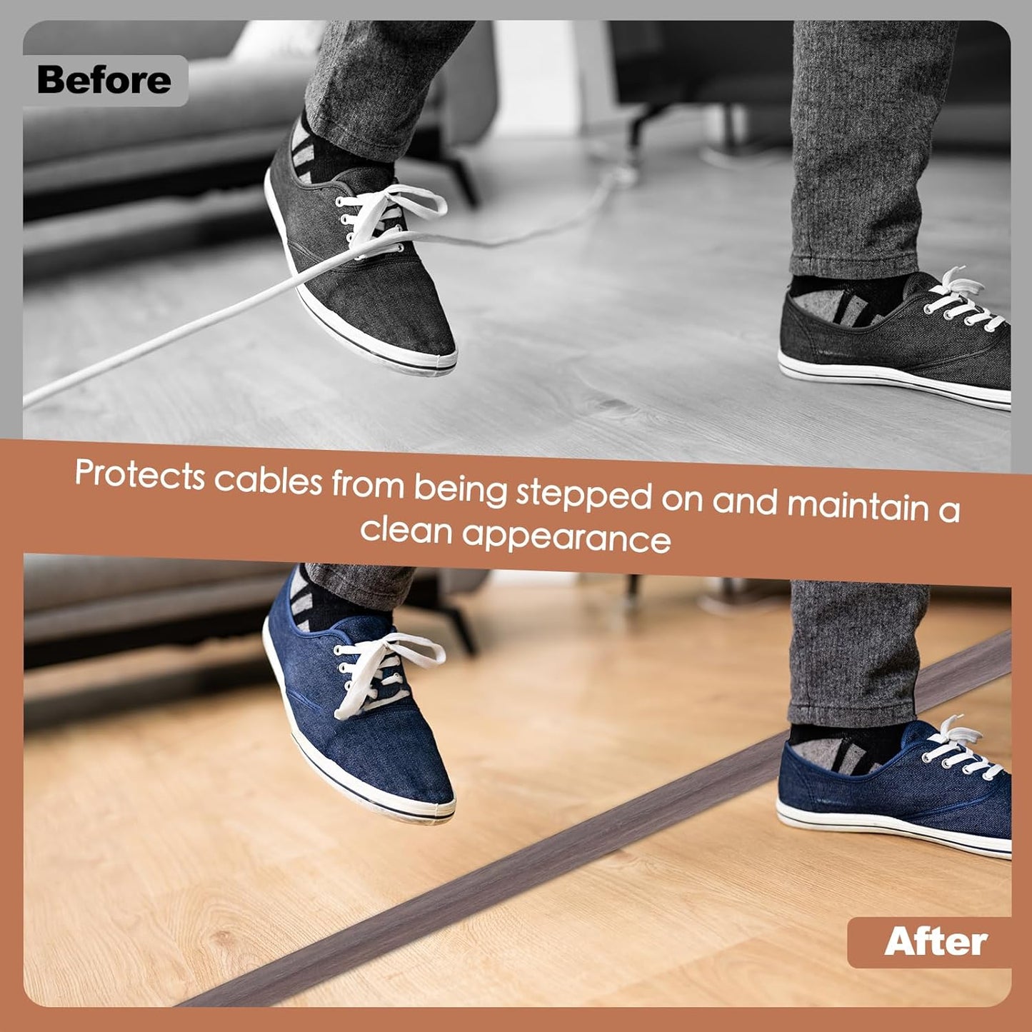 Floor Cord Cover for Wires on Floor Self Adhesive Cord Hider Floor Cable Management Wire Covers for Cords Protector Prevent Cable Trips Cord Cavity W 0.51" x H 0.31", Grayish Brown Wood, 3.3Ft