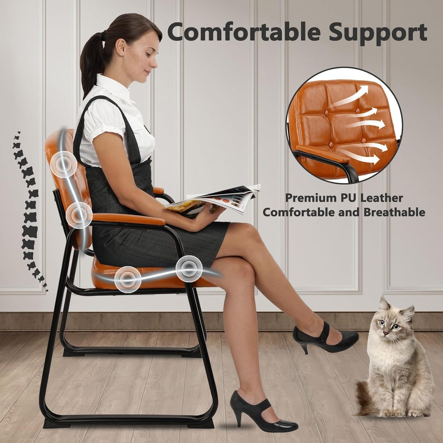 CLATINA Office Guest Chair, Leather Reception Chairs with Padded Arms, Desk Chair No Wheels Stationary for Conference Lobby Waiting Room Training Side Elderly, Set of 8-Orange