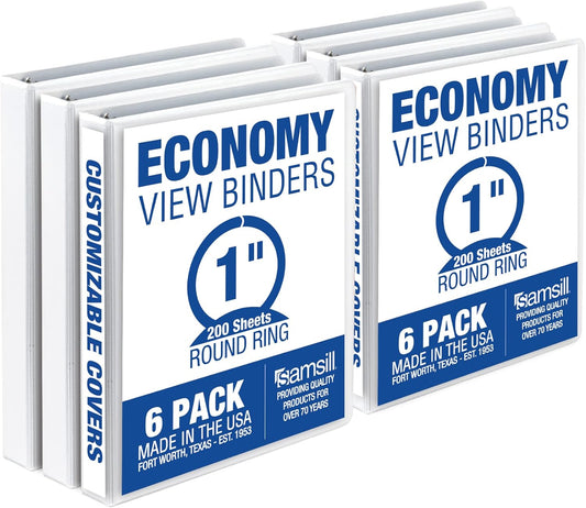 Samsill 1 Inch 3 Ring Binders, Made in USA, Economy Round Ring, Clear View Cover, 200 Sheet Capacity - for School, Home, Office - White, 6 Pack