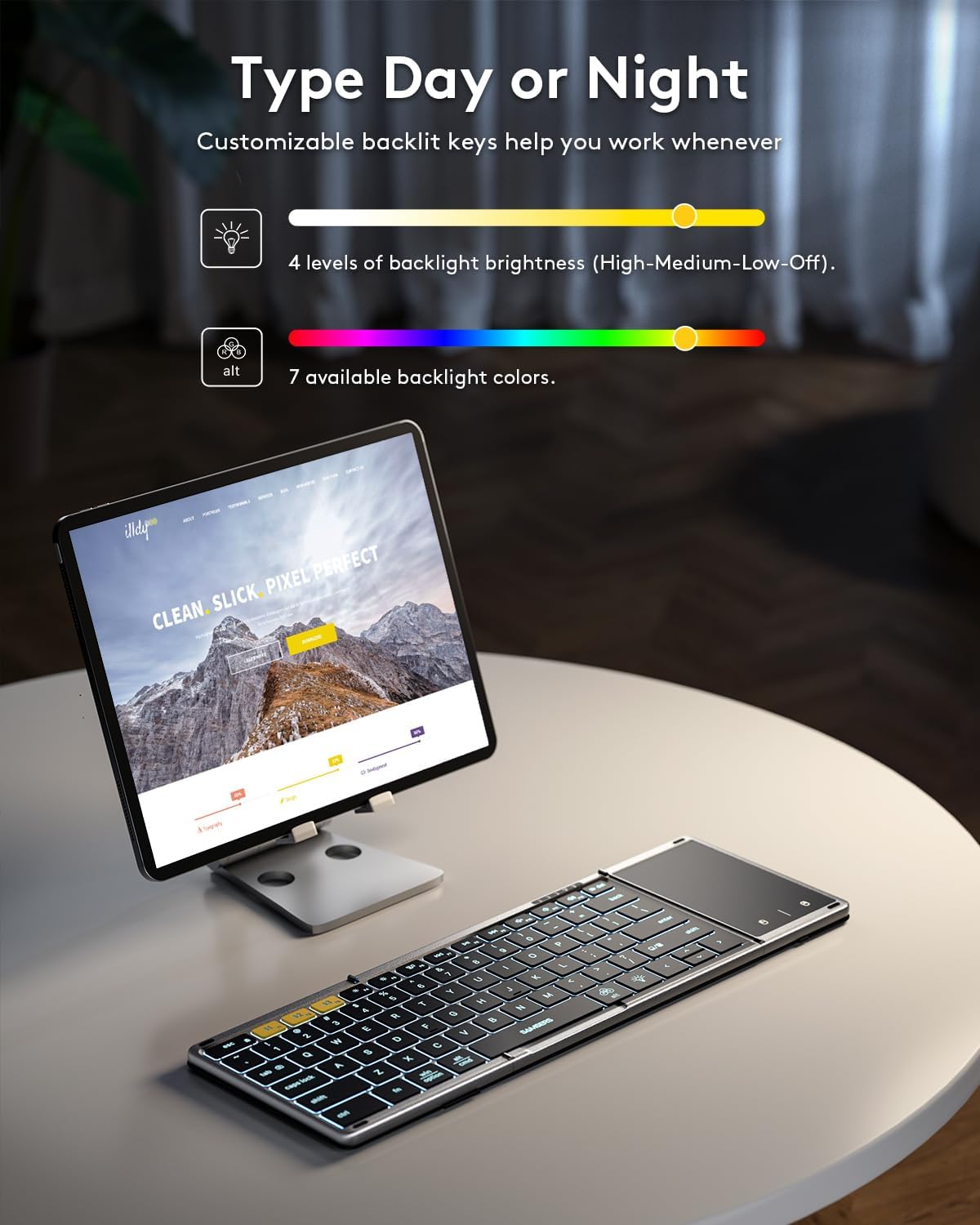 Samsers Foldable Bluetooth Keyboard with Touchpad, Full-Size Wireless Folding Keyboard with Backlight, Portable Travel Keyboards for iOS Android Windows Mac OS, Support 3 Device(BT5.1 x 3), Gray