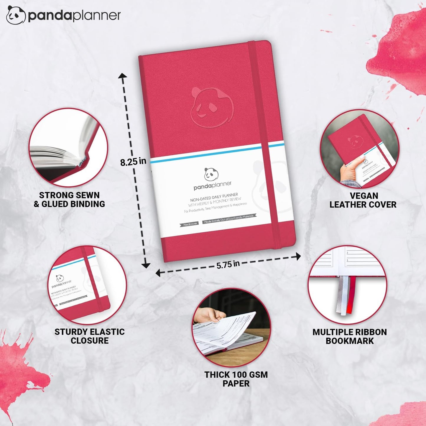 Panda Planner Classic Daily Planner 2025-2026 – Undated Productivity Planner & Hourly Schedule Notebook – Day Planner for Focus, Goals & Organization – Raspberry