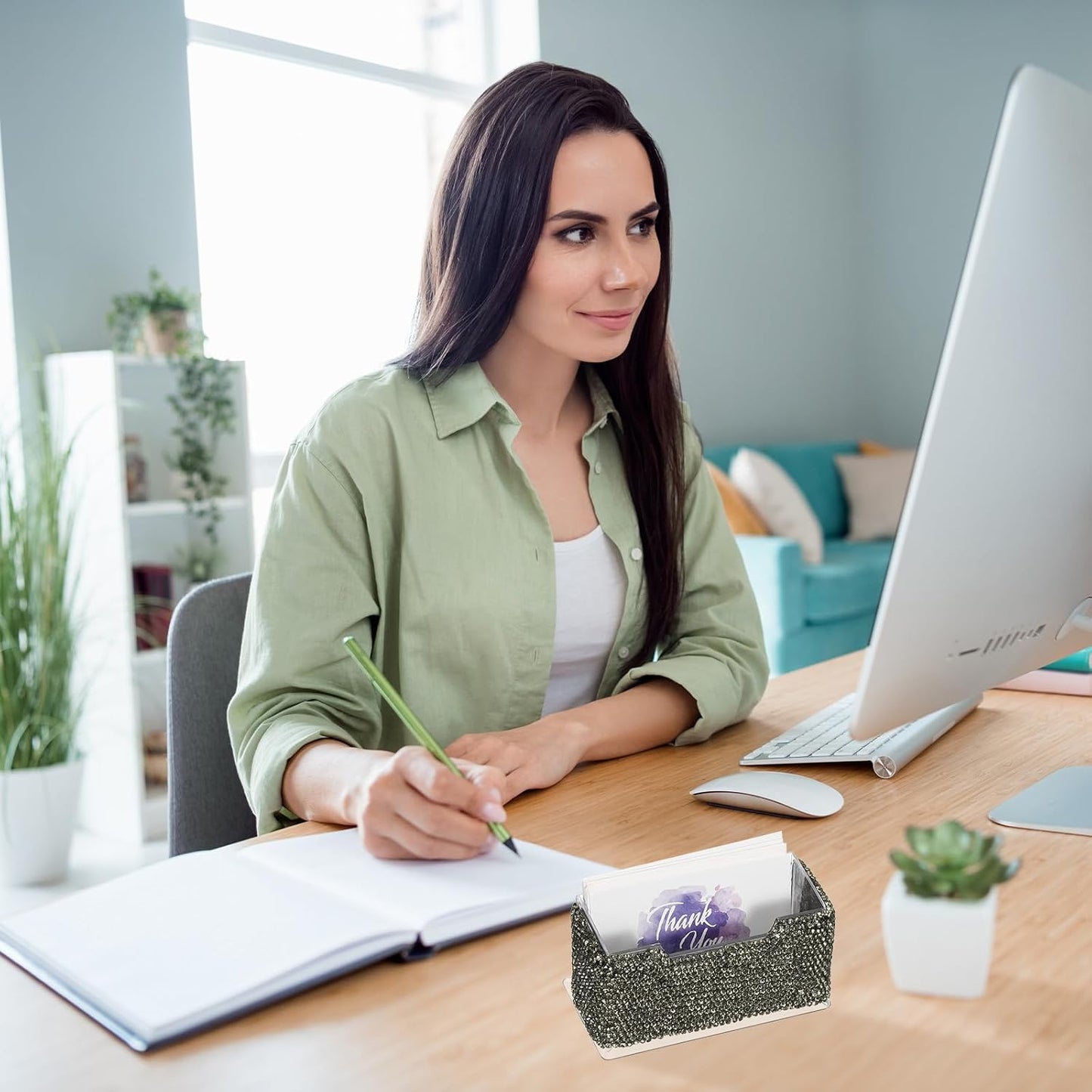 PATIKIL Rhinestone Business Card Holder, Crystal Business Card Holders Bling Business Card Organizer Display Stand for Desktop Desk Office Exhibition, Grey