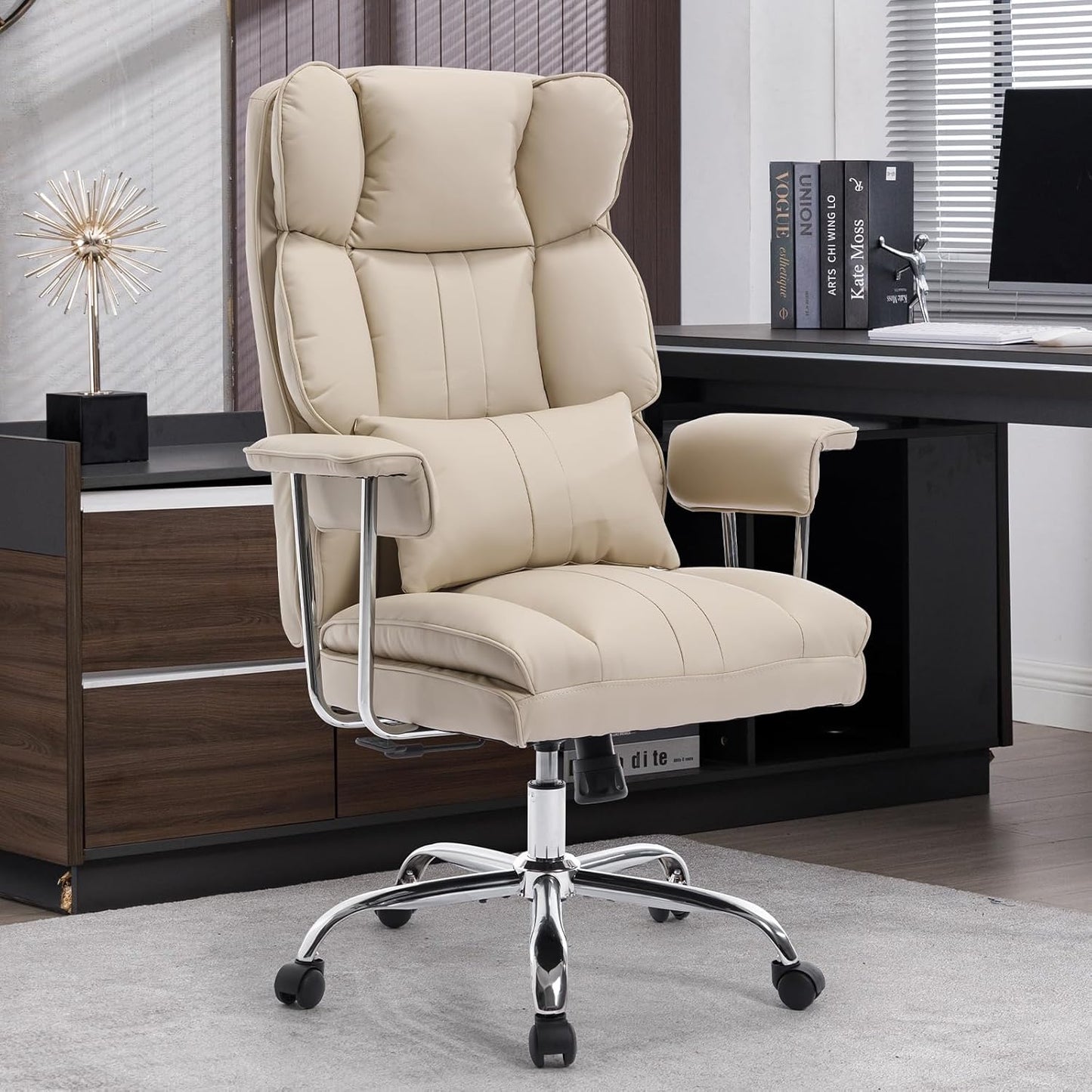 Big and Tall Office Chair 500lbs Wide Seat Executive Office Desk Chair High-Back Office Task Chair, Ergonomic Lumbar Support Computer Office Chairs for Heavy People(Beige)
