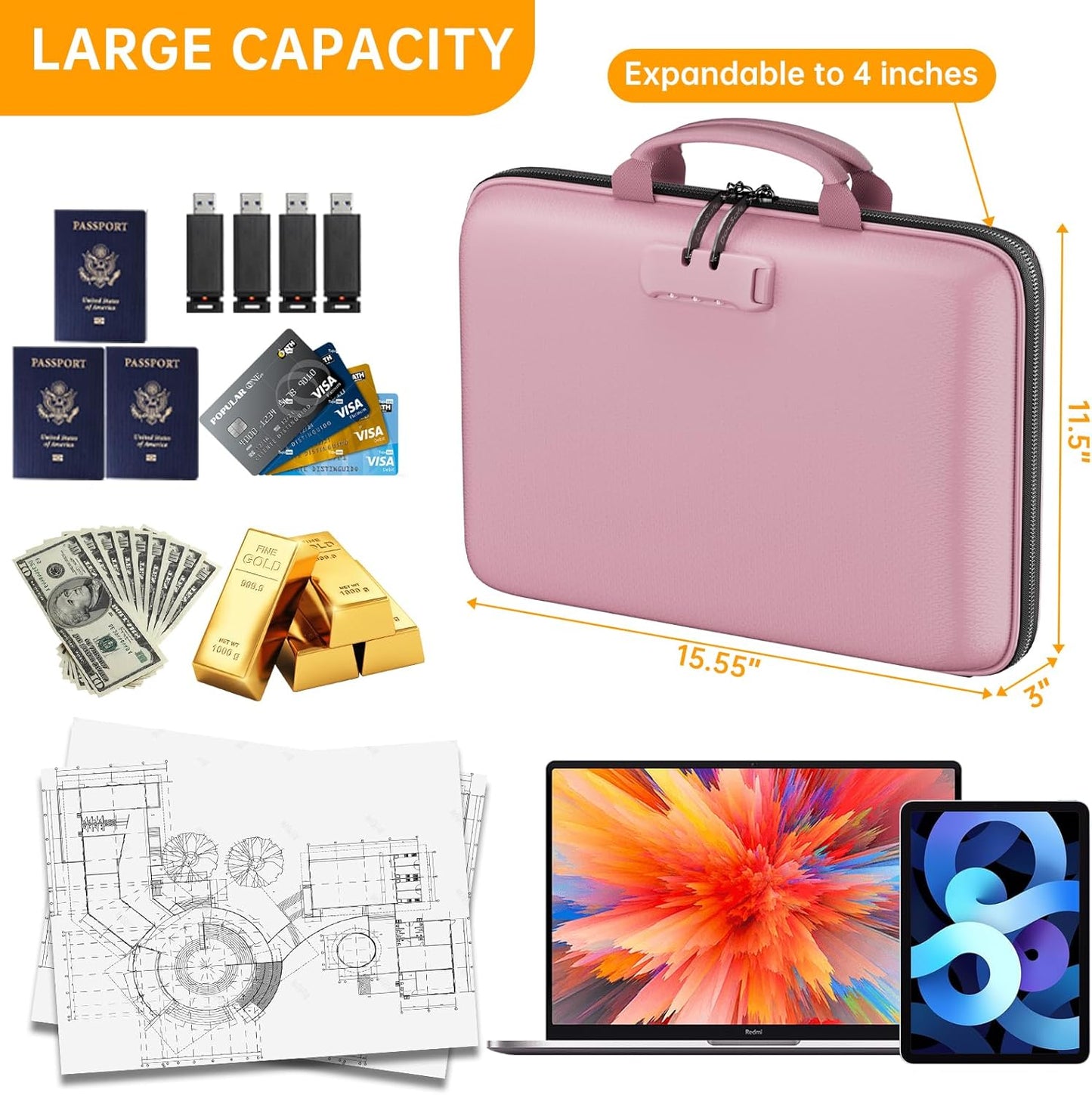 DocSafe Fireproof File Organizer with Lock, Hard-Shell Case Fireproof Document Box with 13 Pocket Accordion File Folder, Portable Home Office Travel Safe Storage for Important Documents Laptop Pink