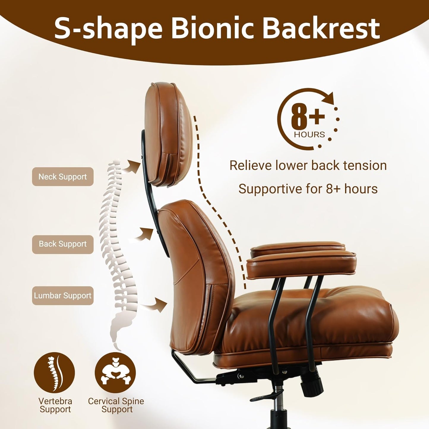 Faux Leather Executive Office Chair - Big and Tall Ergonomic Home Office Chair,Reclining Computer Desk Chair with Lumbar Support,Adjustable Task Chair Swivel Rolling PC Chair with Wheels,Browm,PU