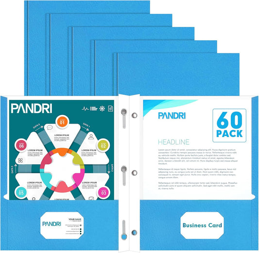 Two Pocket Folders, PANDRI 60 Pack Two Pocket Folders with Prongs, 3 Prong Folders Designed for Office and Classroom, Letter Size Lightblue