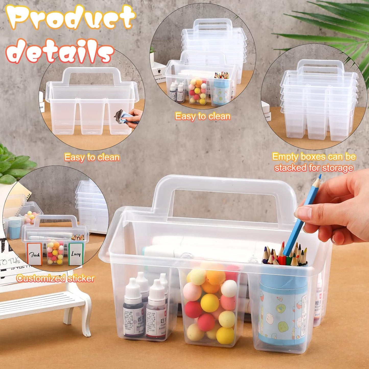 Maitys Classroom Storage Caddies with 4 Compartment Portable Plastic Storage Caddy Organizer with Built in Handles and Colorful Stickers Crayon Caddy Small Utility Caddy for Classrooms Office (6 Pcs)