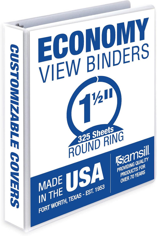 Samsill 1.5 Inch 3 Ring Binder, Made in USA, Economy Round Ring, Clear View Cover, 325 Sheet Capacity - for School, Home, Office - White