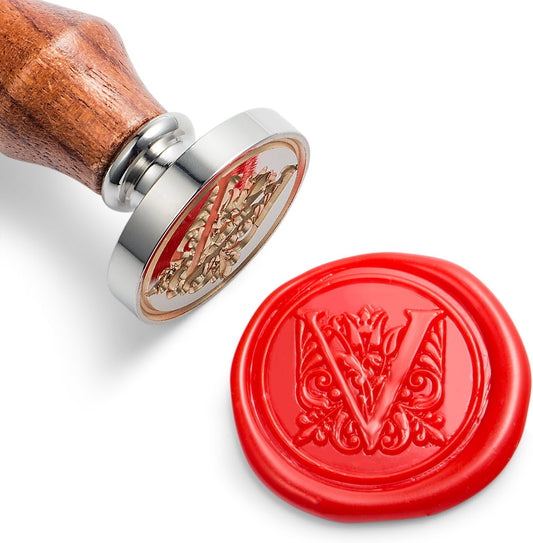 Mceal Wax Seal Stamp, Large Seal 1 1/5"(30mm) Dia, Silver Brass Head with Wooden Handle, Regal Letter A to Z Series (Letter V)