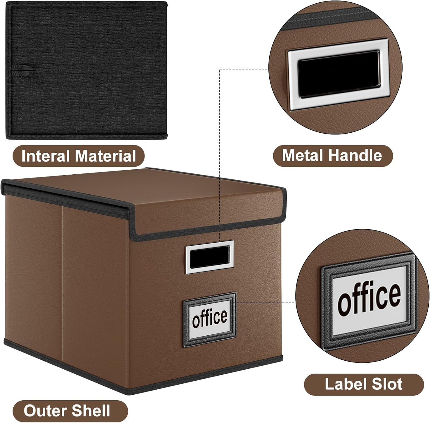 Huolewa File Organizer Box with Lid, Collapsible Leather File Folder Organizer for Office Document Storage, Filing Box with Plastic Slide for Letter/Legal Size Hanging Files, Dark Brown, 4 pack