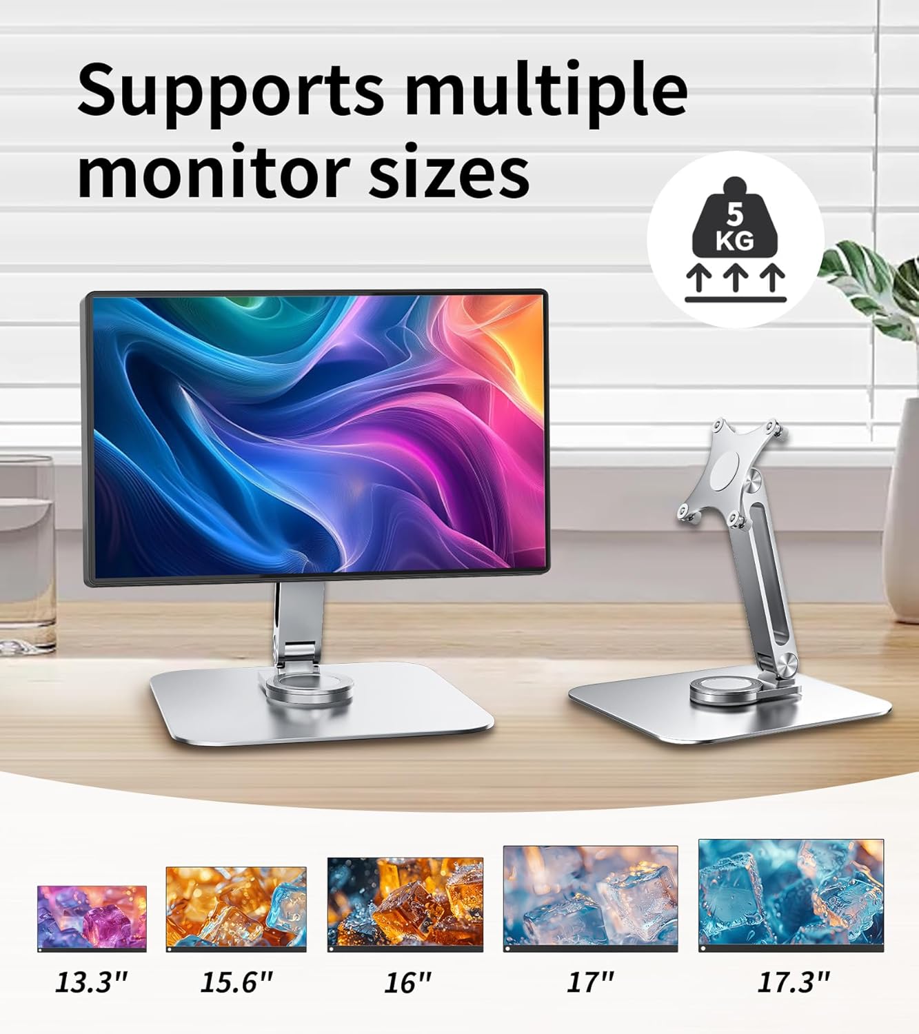 13-17.3" Monitor Stand with 360° Swivel Base, 75mm VESA Single-Arm Mount w/ M4 Screws for Portable Monitor, Adjustable Angle & Tilt & Rotation - Touchscreen Desktop Display Stand (Silver)