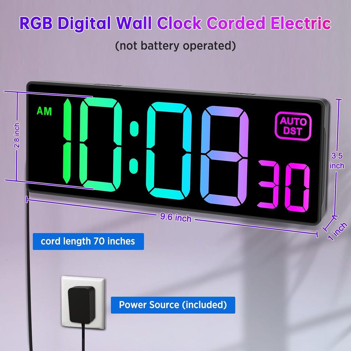 Soobest Large LED Digital Wall Clock 8 RGB Color Changing Display, Corded Plug in Electric Digital Clock with Seconds for Living Room Bedroom Desk Table Office, 5 Dimmers, Auto DST, 10 Inches