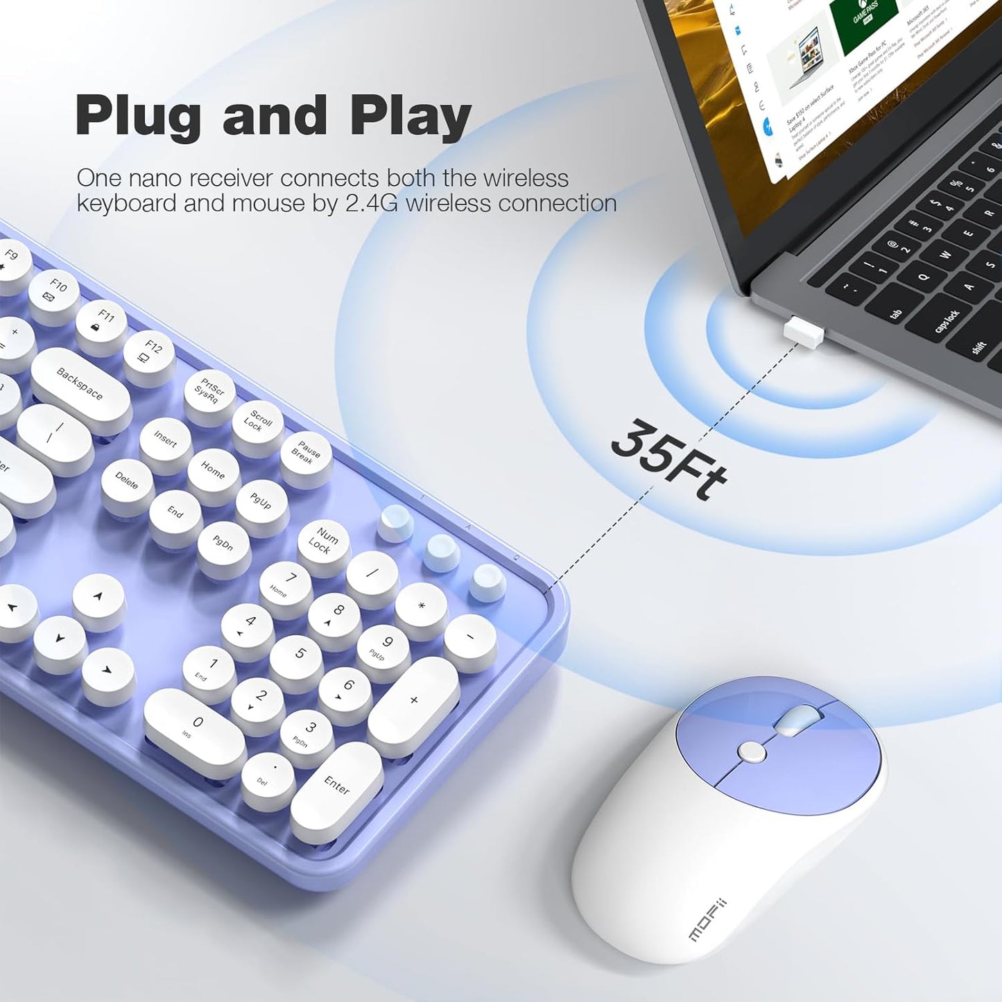 Wireless Keyboard and Mouse Combo, MOWUX Full Size Typewriter Retro Round Computer Keyboard, Mouse Wireless, Plug and Play, for Laptop, PC, Computer- Purple