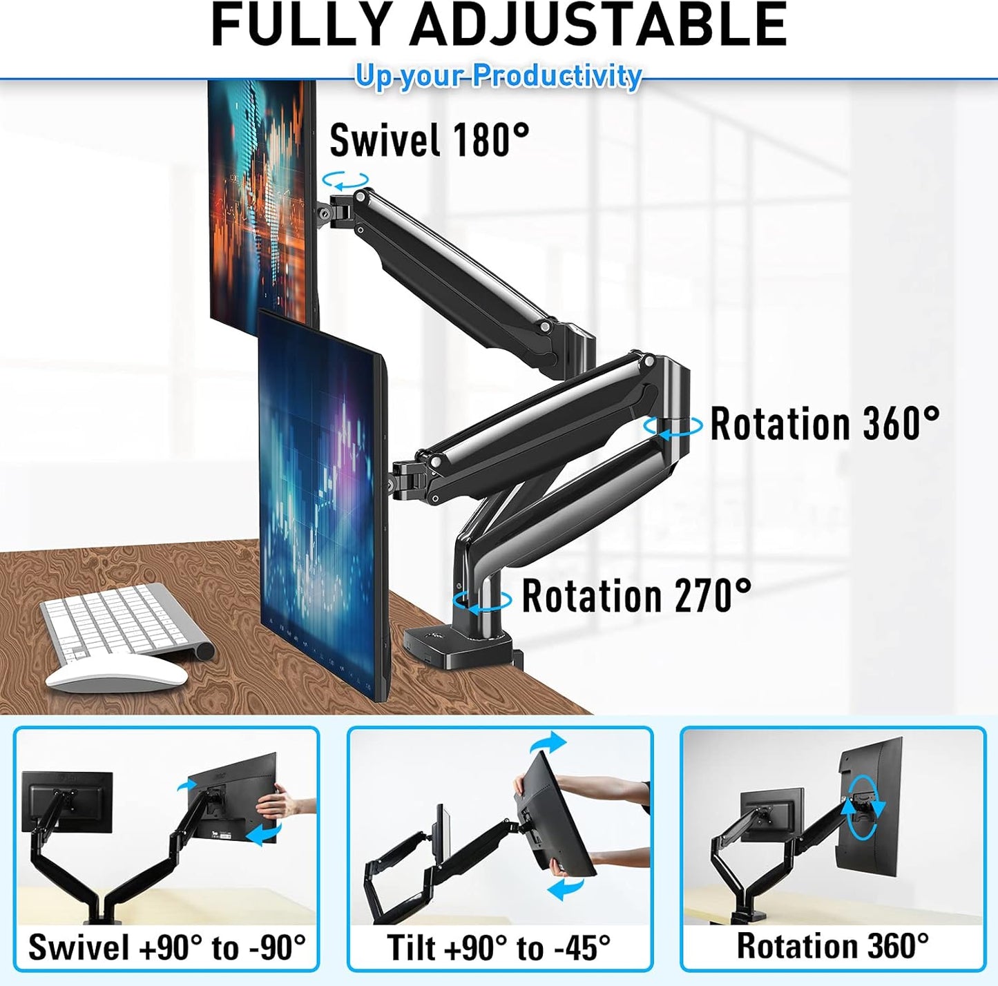 MOUNTUP Dual Monitor Mount for 2 Max 35 inch Ultrawide Screens, Hold 6.6-30.9lbs, Full Motion Gas Spring Monitor Desk Arm, Heavy Duty Dual Monitor Stand for Desk, VESA Bracket with Clamp/Grommet Base