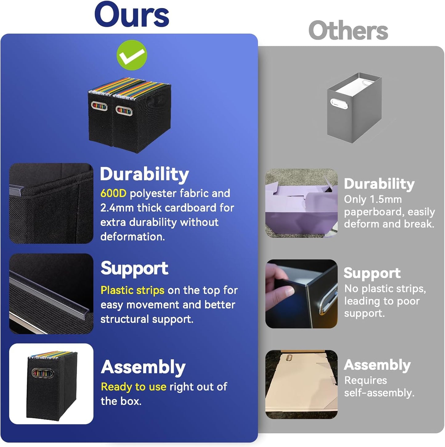 4 Packs Letter Size File Organizer, File Folders Organizer, Fabric Storage Box, Collapsible Paper Organizer with Metal Handle, Smooth PVC Rails, Only Box (Black)