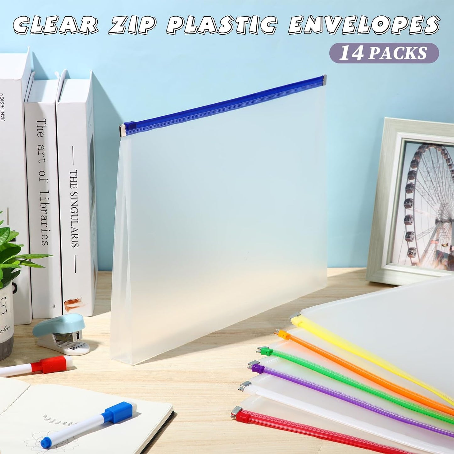 Yexiya 14 Pcs Back to School Clear Plastic Zip Envelope A4 Zipper Document Folder 13 x 9.7In File Folder Expanding Envelope Pouch for Paper Pencil Storage Office Supplies (Bright Colors)