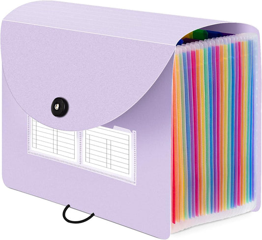 Sooez 24 Pockets Expanding File Folder with Blank Labels, According File Organizer with Expandable Cover, Desktop Accordion Folders Letter A4 Paper Document Storage Organizer, Purple