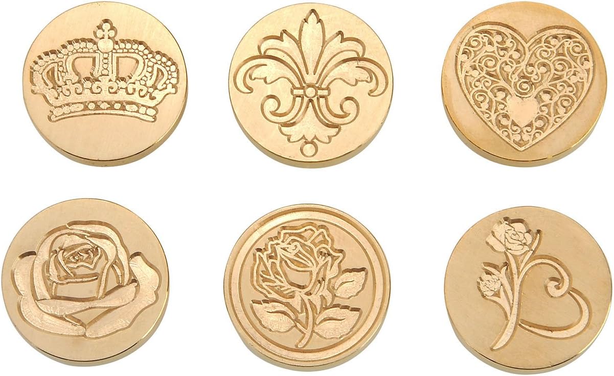 Yoption 6 Pcs Wax Seal Stamp Set, Romantic Rose Heart Flower Crown Sealing Wax Stamps Kit, Wooden Handle with Brass Head for Wedding Invitation Cards Christmas Gift