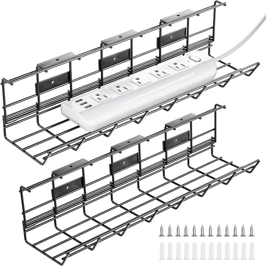 2 Pack DELAMU Under Desk Cable Management Tray, Metal Cord Cable Organizer for Desk, Easy Install Pre-drilled Wire Management Wire Organizer for Office & Home