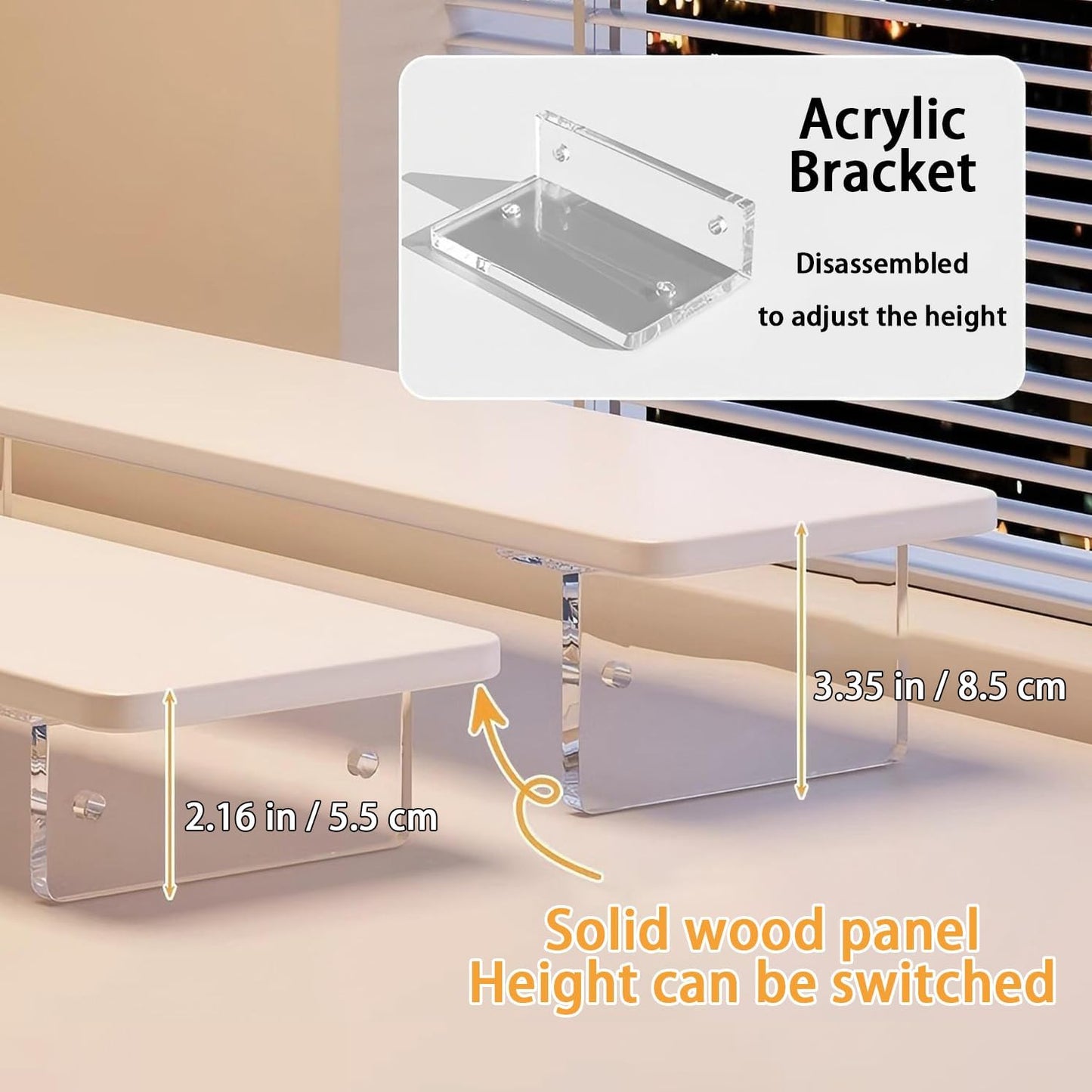 Monitor Stand Riser 2.16/3.34 Inch 2 Height Adjustments Acrylic Stand with Installation Tool, Desk Organizer Accessories Office Desk Storage Rack Screen/PC/Printer/Laptop Riser 7.8 x 15.7 Inch (Maple)