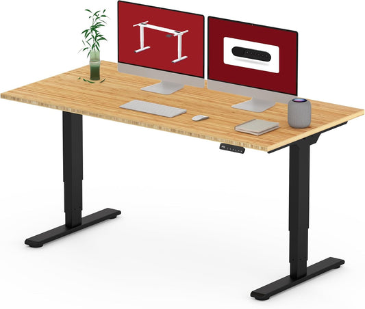 SANODESK 55 Inch 3 Stage Bamboo Electric Standing Desk, Dual Motor Height Adjustable Desk, Whole-Piece Desktop Sit to Stand Home Office Desk (Black Frame/ 55” x 28” Natural Bamboo Top)