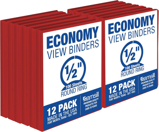 Samsill 0.5 Inch 3 Ring Binders, Made in USA, Economy Round Ring, Clear View Cover, 100 Sheet Capacity - for School, Home, Office - Red, 12 Pack