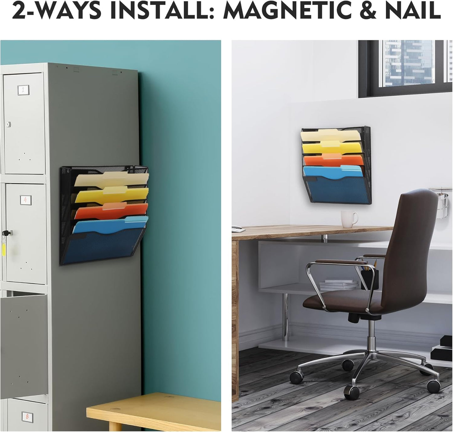 EASEPRES Magnetic 5 Pocket Mesh Hanging File Organizer, Wall Mounted Mail Paper Document Folder Holder, Clipboard Storage Organization Magazine Rack with Nametag Label for Office Home School, Black