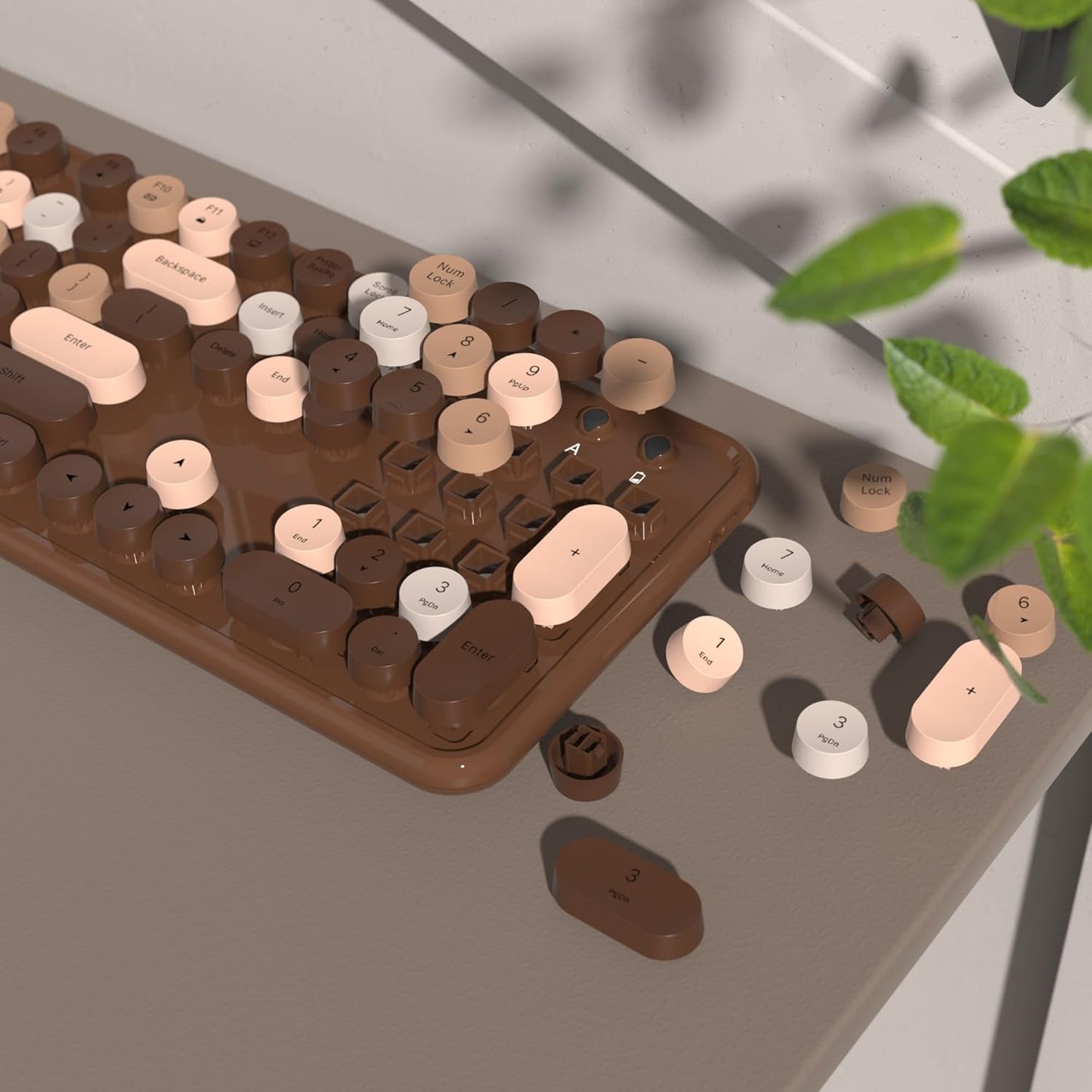 Colorful Wireless Keyboard and Mouse Combo, COVEVA 2.4GHz Wireless Retro Cute Round Keycaps Keyboard, 104 Keys Full-Sized Keyboard Mouse Set with Switch Button for PC Laptop Desktop (Brown Colorful)