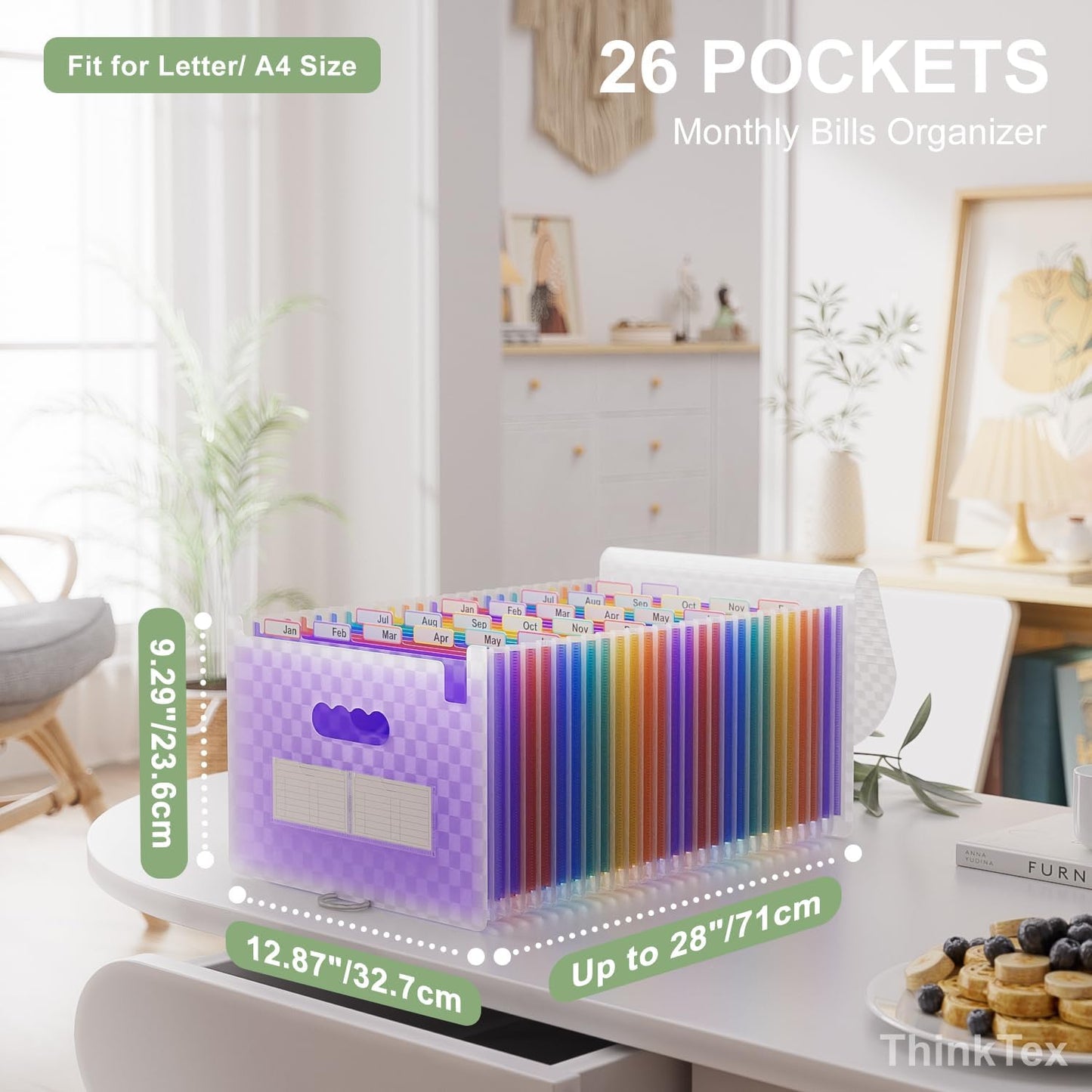 ThinkTex Accordian File Organizer, 26 Pockets Expanding File Folders, Monthly Bill Receipt Documents Organizer, A-Z Colorful Tabs, Letter/A4 Size - Purple