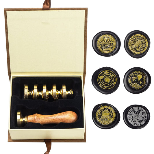 Moon Wax Seal Stamp Set with 6 PCS Removable Brass Heads and 1 Wooden Handle - Sunbird Fox Starry Sea Planet Sealing Wax Stamp for Cards Invitations