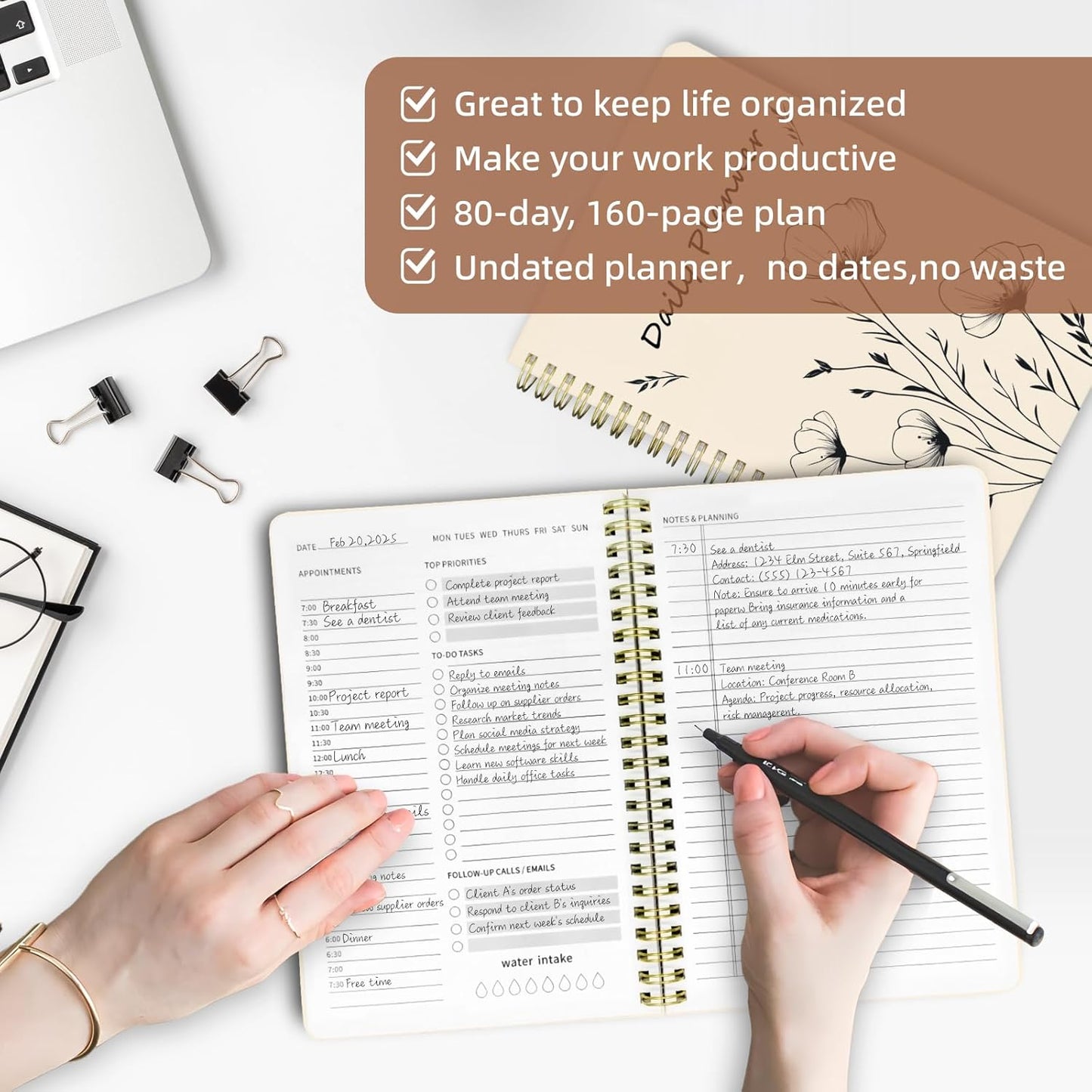 Stanoha Undated Daily Planner - Spiral Notebook 80 Days One Day Per Page, Hourly Schedule, To-Do List, Notes, Everyday Planning Task, A5 Hardcover Journal Organizer Book Women Cute, White Flower