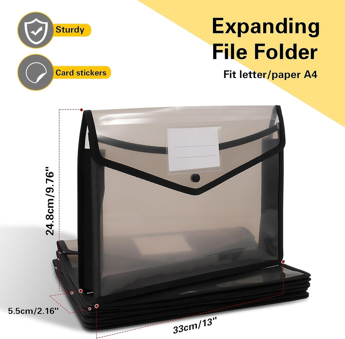 Go&Fan 5 Packs Expanding File Folder,no dividers, Plastic envelopes with snap Closure,Paper Organizer Folder with Lable Pocket (Black)