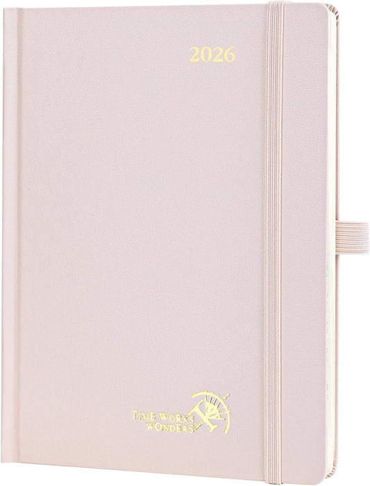 POPRUN 2026 Planner (Medium Size 8.5''x 6.5'' Hardcover) - Daily Weekly and Monthly Calendar Agenda 2026 Appointment Book with Hourly Time Slots, Monthly Tabs, 100 GSM - Light Pink