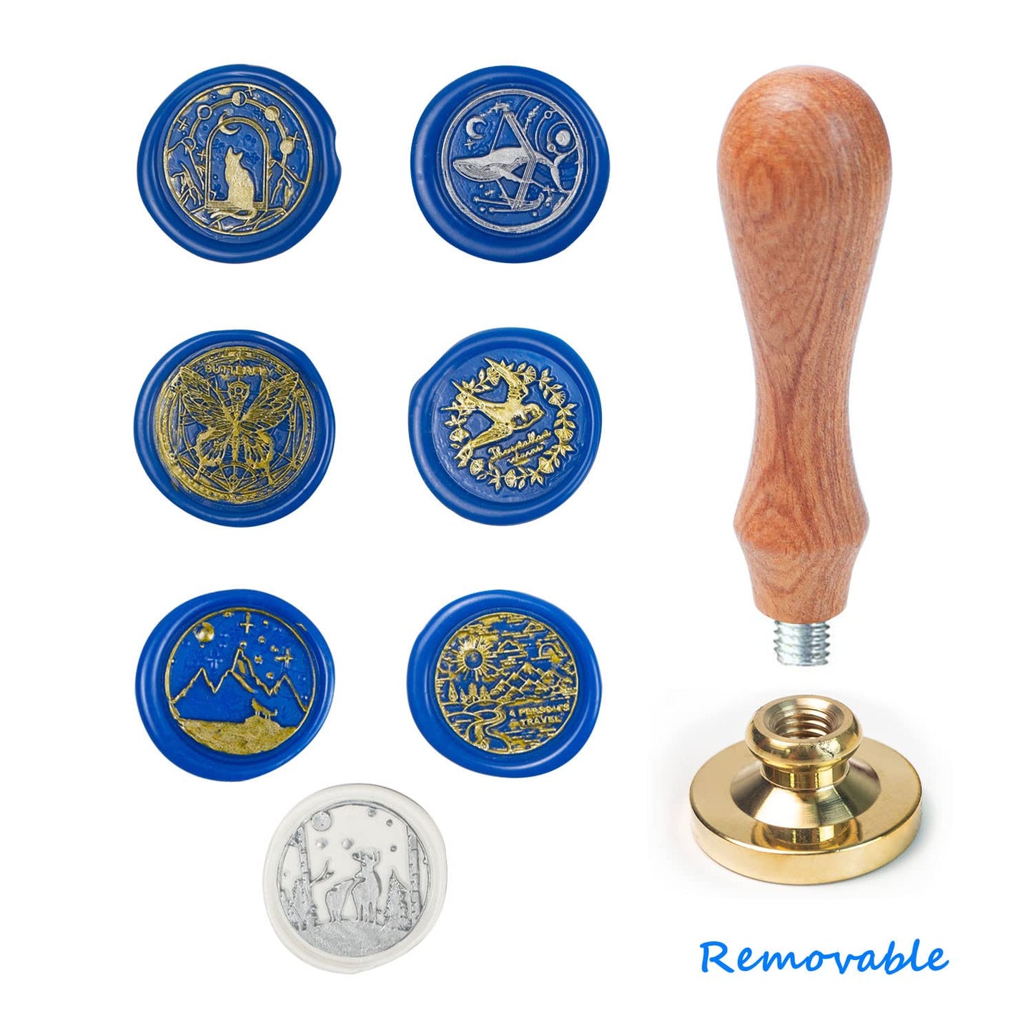 Animal Wax Seal Stamp Set with 7 PCS Removable Brass Heads and 1 Wooden Handle - Cat, Whale, Butterfly, Swallow, Wolf Sealing Wax Stamp for Cards & Invitations