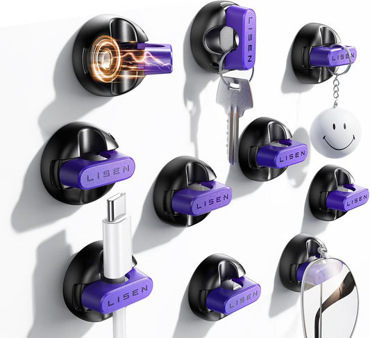 10-Pack Magnetic Cable Clips [1S Snap-On] Cord Holder, LISEN Office Desk Organizers and Accessories with 5 Extra Strong Adhesive Pads, Wire Organizer for Nightstand, Home, Wall, Car, Desktop, Purple