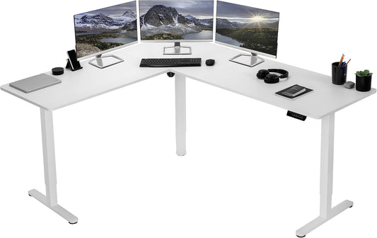 VIVO Electric Corner L-Shaped 75 x 63 in Rustic Standing Desk, Memory Height Adjustment, White Top White Frame, DESK-E3CTW-75