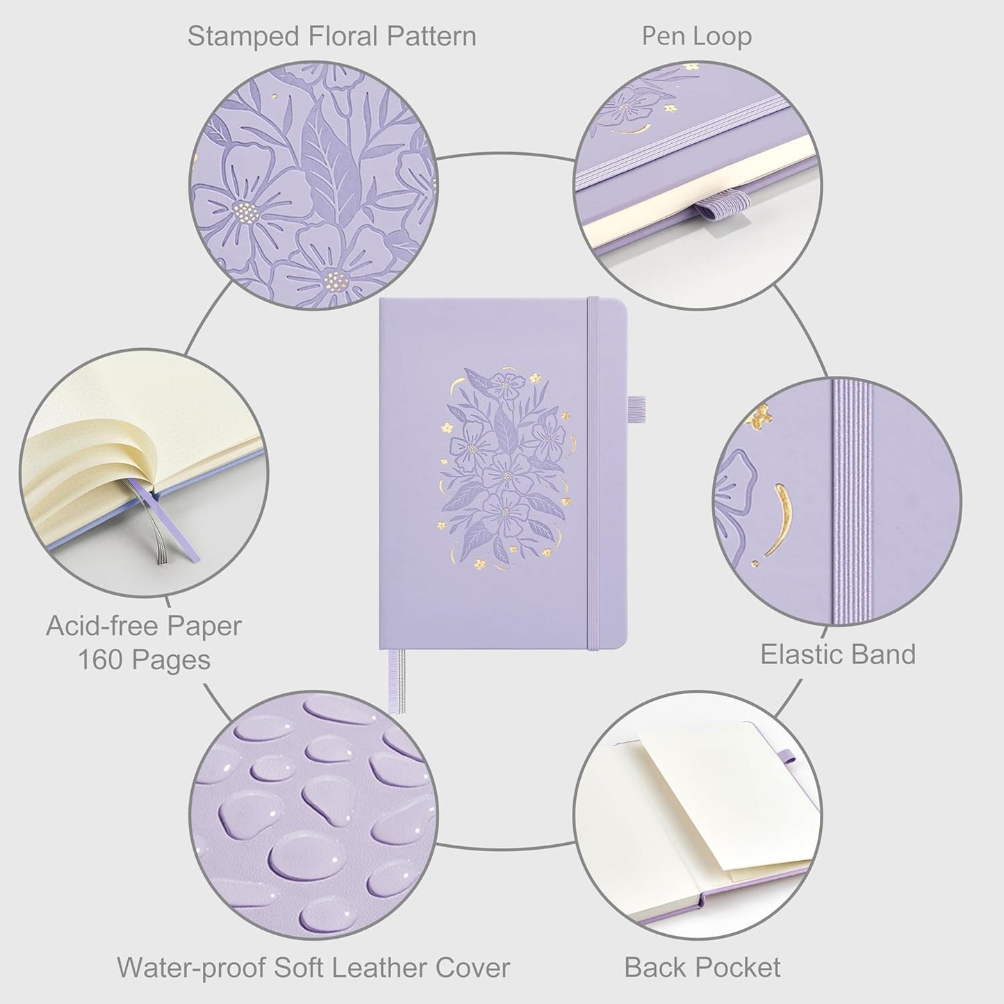 &And Per Se Dotted Journal Notebook for Women&Men with Pattern, A5 Leather Hardcover, 160 Pages 100GSM Thick Dotted Paper, 3 Sheets of Stickers Included(Lavender)