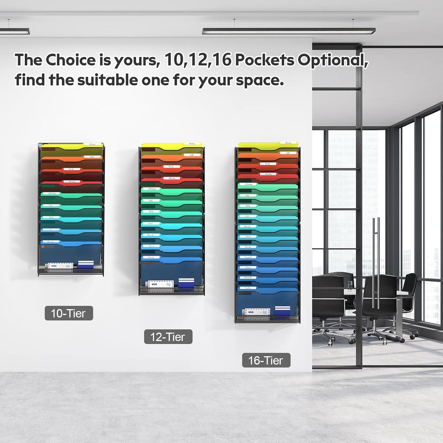 samstar 12 Tier Wall File Organizer, Hanging Wall Mount File Holder Paper Folder Mail Organizer, Mesh Metal, Black.