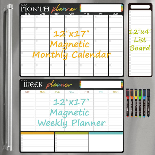 Magnetic Dry Erase Monthly Calendar Set - 17"x12" Monthly and Weekly Calendar, 4"x12" List Board for Fridge - 6 Extra Fine Point Markers Included - Shipped Flat