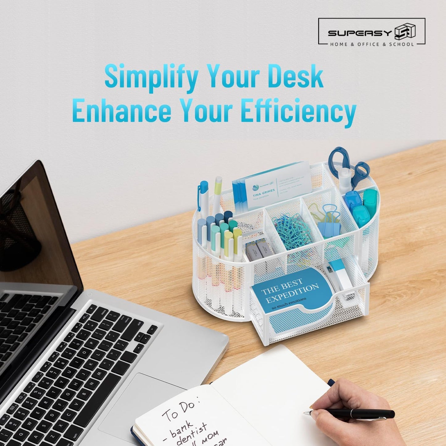 SUPEASY Mesh Desk Organizer, Desk Accessories & Workspace Organizers with Drawers, Pencil Holder for Desk with 9 Compartments for Office Suppliess, 8.6 x 4.3 x 4.1 Inch, White
