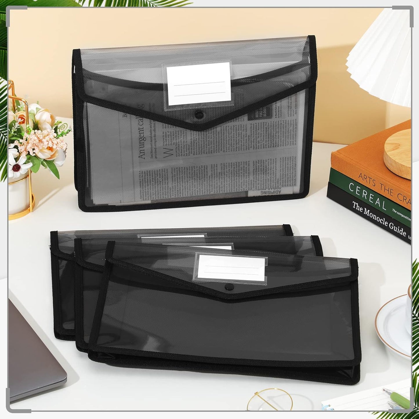 Teling 15 Pieces Plastic File Folders Envelope Expanding File Wallet Document Folder A4 Colorful Document Organizer with Button Closure and Pocket Waterproof File Pouch for Home Work (Black)