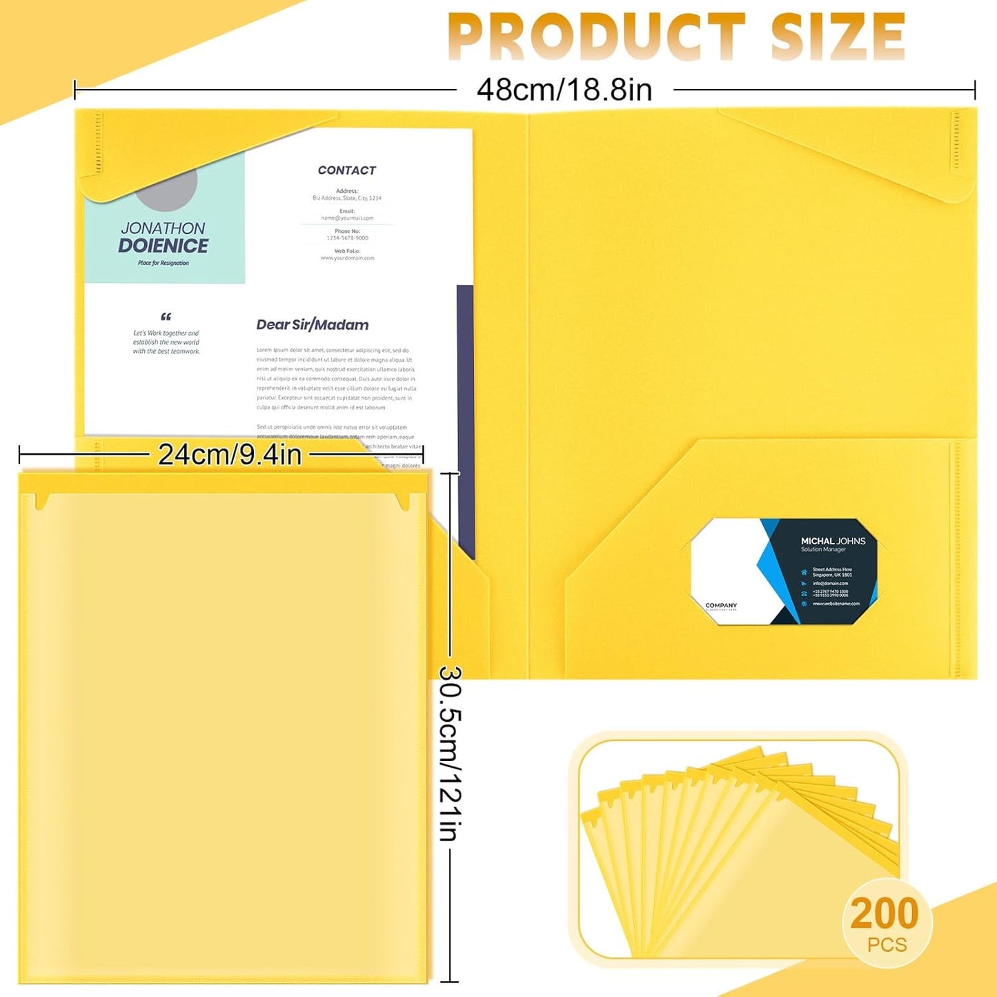 Henoyso 200 Pcs Plastic Folders with Clear Front Pockets Bulk Heavy Duty File Folders with 2 Pockets and Card Slot for Student Teacher Back to School Supplies Office Presentation (Yellow)