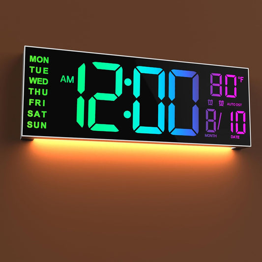 JALL 16" Large Digital Wall Mount Clock, Count Down Timer, Alarm, Big LED, 8 RGB Color, DST, Temperature for Living Room Classroom Desk, Xmas, Birthday Gift for Senior Mom Dad (White Shell, 16 inches)