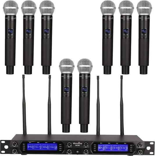MicrocKing Wireless Microphone System, 8-Channels UHF Cordless Dynamic Handheld Mics, Long Range 400ft, Auto Connect, Ideal for Karaoke Party Wedding Speech and Outdoor Events