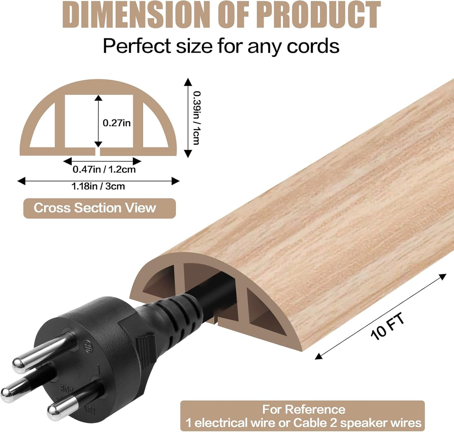 Floor Cord Cover Self Adhesive Cord Hider,10FT Cable Management, Extension Strip Protector for Wires, Prevent Cable Trips for Offices, Gyms, Exhibitions Cavity:0.39"(W) x0.27(H) WoodLightyellow