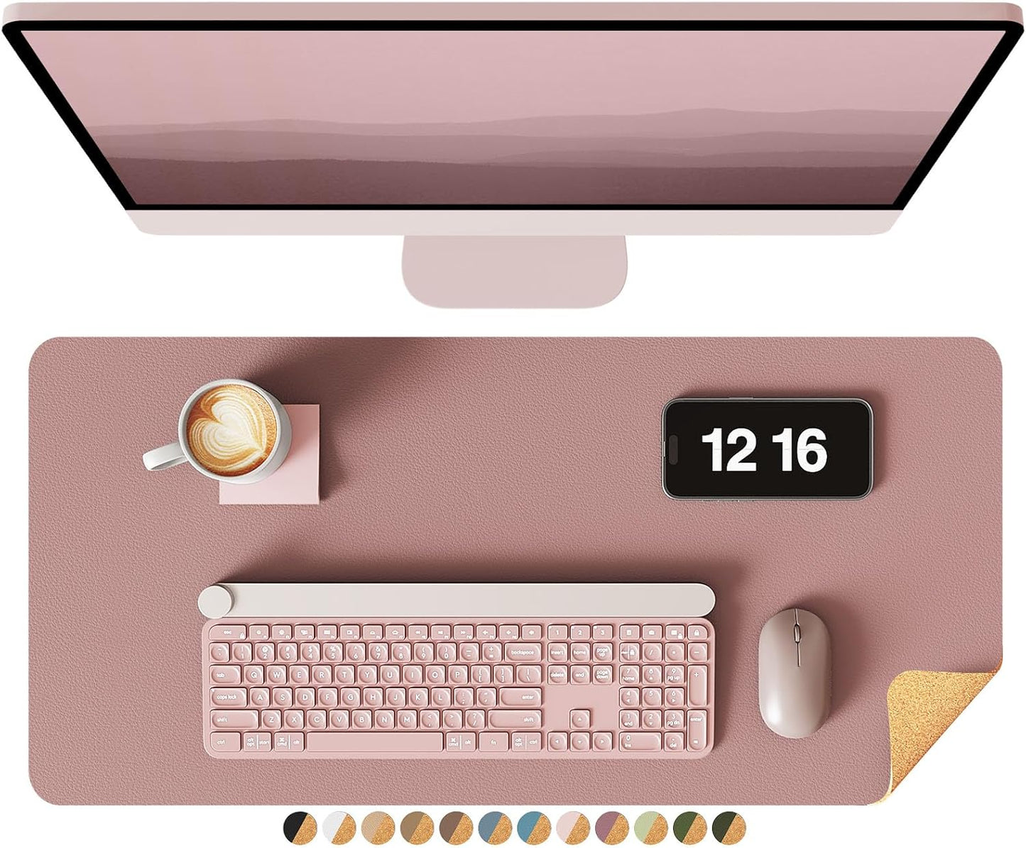 YSAGi Double-Sided Desk Pad, 23.6"x13.7" Leather Desk Mat, Eco Cork Desk Pad Protector, Large Mouse Pad for Desk, Waterproof Desk Blotter Pad, Desk Writing Pad for Office Work/Home(Pale Mauve/Cork)