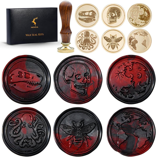 Wax Seal Stamp Kit, Set of 6 Sealing Wax Stamp with Brass Head Wooden Handle (Moon & Sun World Map Dinosaur Skeleton Bumblebee Octopus Design)
