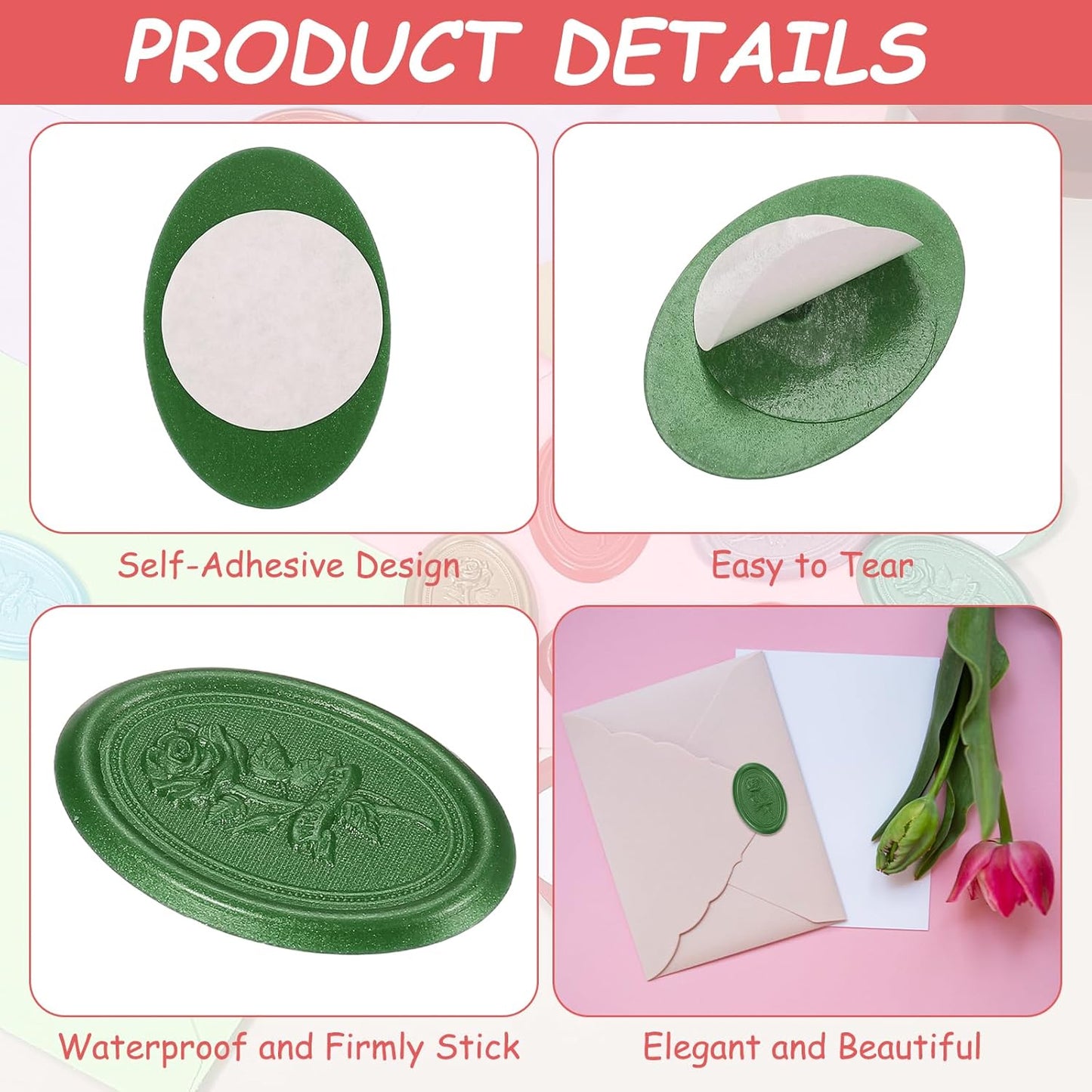 uxcell 25 Pcs Wax Seal Stickers, Self Adhesive Envelope Letter Seal Stickers with Rose Pattern for Holiday Party Wedding Invitations, Gift Packaging, Green