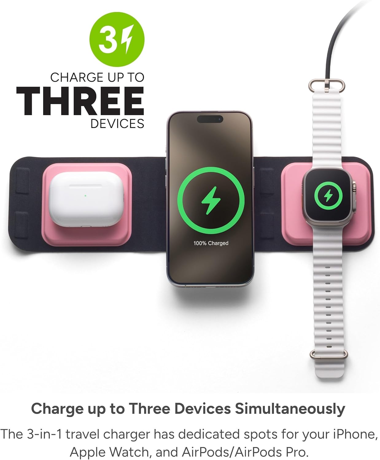 Mophie 3-in-1 Travel Charger with MagSafe - Portable Wireless Charging Hub, Compatible w/iPhone 17/16/15/14/13/12 Series, Apple Watch Series 11 to 1 & Ultra, AirPods Pro/3rd Gen, Cherry Blossom Pink