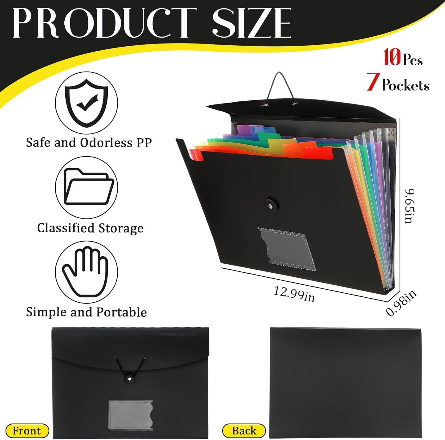 Glenmal 10 Pcs 7 Pocket File Folders File Organizer Expanding Folder with Labels Plastic Expandable Folder Pocket Folder A4 Letter Size Paper Organizer Folder for Office(Black)